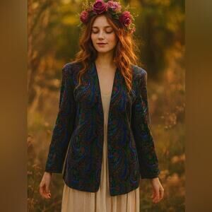 Vtg Jewel Tone Velvet Paisley Blazer Womens Size 8 Indie Boho Statement Glam